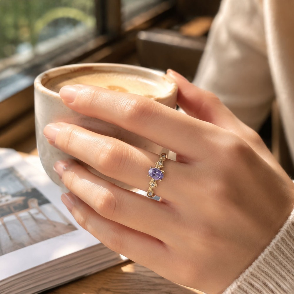 Purple Floral Open Ring